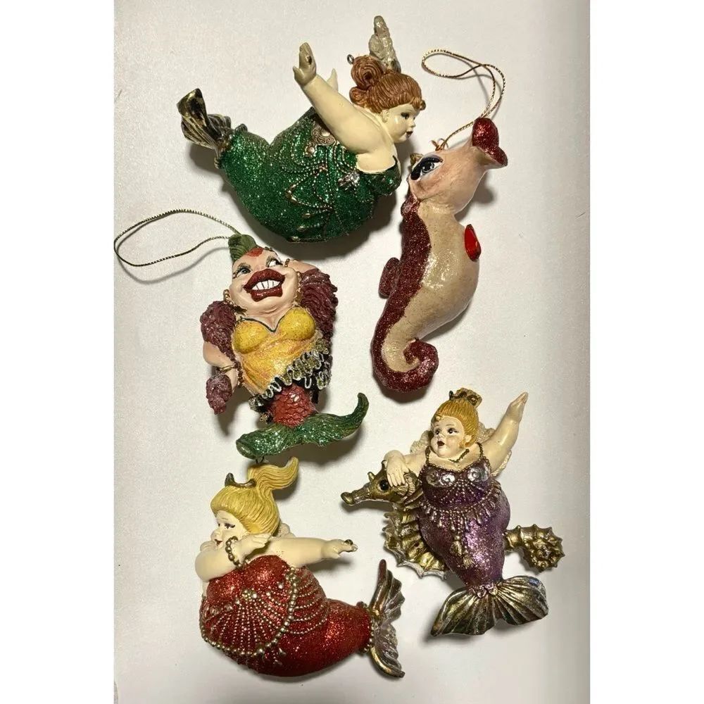 5 Vintage Katherine's Collection Glittering Mermaids  and Seahorse Ornaments